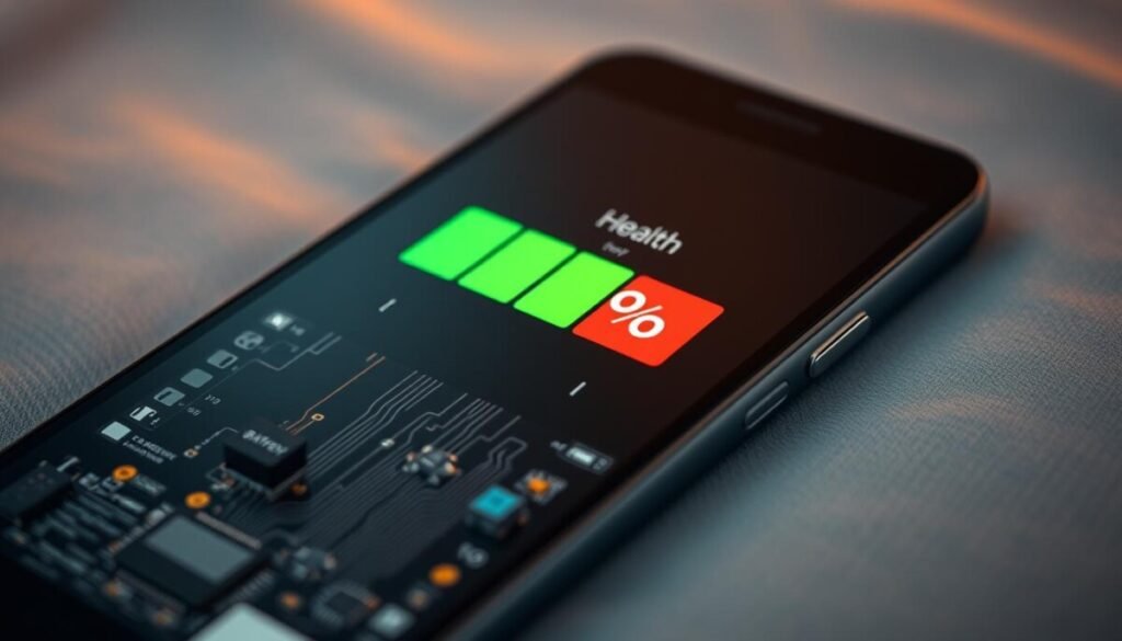 A close-up view of a smartphone battery displayed on a soft, blurred gray background, highlighting the battery health percentage indicator prominently in vivid green and red. In the foreground, intricate circuitry is visible, showcasing the inner mechanics of the phone's battery, while subtle thermal lines emanate from the battery to suggest heat emanation. The lighting is warm and slightly diffused, creating an intriguing contrast between the battery health indicator and the background. The angle is slightly tilted to provide a dynamic perspective, evoking a sense of urgency and concern for performance. The overall mood is technical and informative, aimed at conveying the importance of battery health and its impact on device performance.