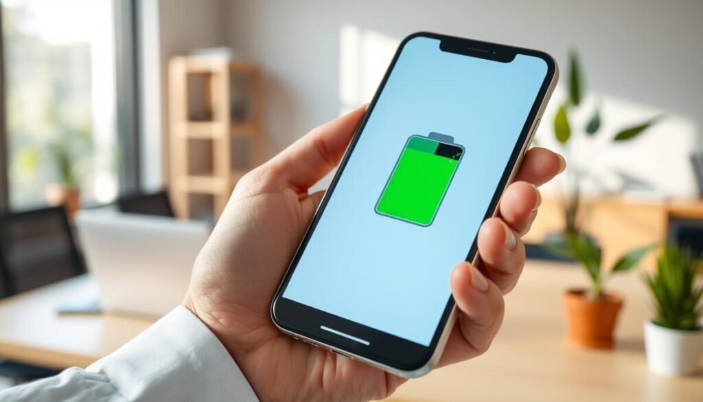 A close-up view of a smartphone battery health diagnostic screen, displaying a colorful battery health percentage icon next to a declining graph. In the foreground, the smartphone is held by a hand dressed in a professional shirt, emphasizing a business environment. In the middle ground, a subtle reflection of a desk with a laptop and a potted plant adds context. The background consists of a softly blurred office setting with natural light streaming in through a window, creating a warm and informative atmosphere. The image should feature clear, vibrant colors to highlight the battery health status, with a focus on clarity and professionalism to convey the theme of device maintenance. A close-up view of a smartphone battery health diagnostic screen, displaying a colorful battery health percentage icon next to a declining graph. In the foreground, the smartphone is held by a hand dressed in a professional shirt, emphasizing a business environment. In the middle ground, a subtle reflection of a desk with a laptop and a potted plant adds context. The background consists of a softly blurred office setting with natural light streaming in through a window, creating a warm and informative atmosphere. The image should feature clear, vibrant colors to highlight the battery health status, with a focus on clarity and professionalism to convey the theme of device maintenance.