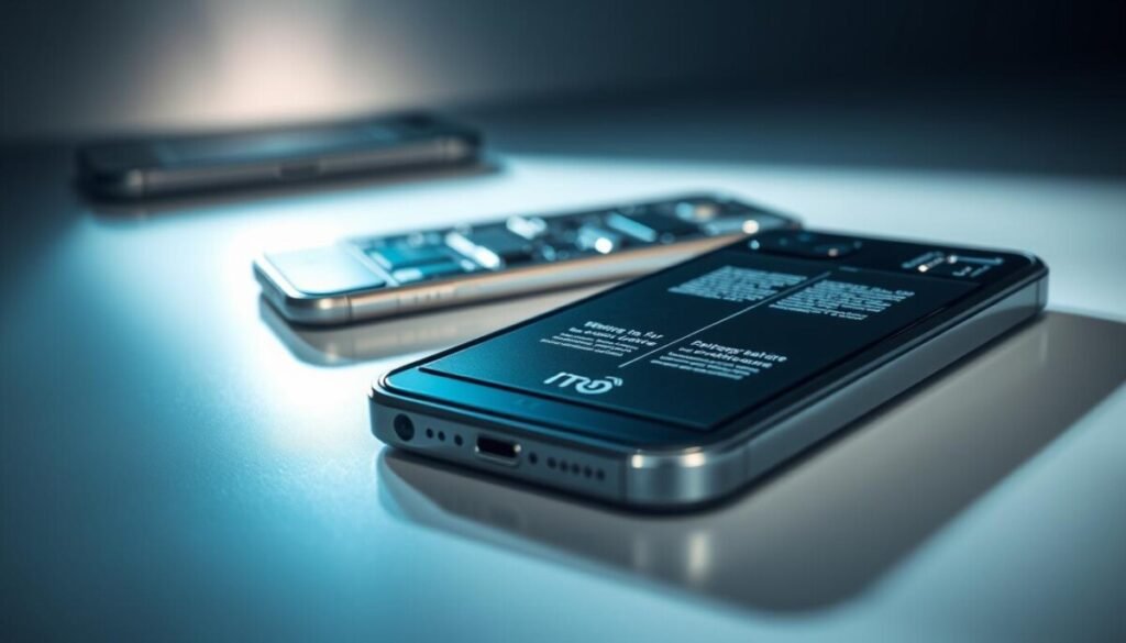 A close-up view of a smartphone battery, prominently featuring an iPhone battery with visible charge indicators and internal components. The battery is placed on a sleek, reflective surface, enhancing its details and emphasizing its technology. In the foreground, bright, focused lighting casts gentle shadows, highlighting the contours and textures of the battery. In the middle ground, there are subtle reflections of a partially disassembled iPhone, showcasing its intricate circuitry and components. The background is softly blurred with a gradient of cool blues and grays, creating a high-tech atmosphere. The overall mood suggests a sense of urgency and troubleshooting, ideal for illustrating hardware issues related to device temperature warnings. A close-up view of a smartphone battery, prominently featuring an iPhone battery with visible charge indicators and internal components. The battery is placed on a sleek, reflective surface, enhancing its details and emphasizing its technology. In the foreground, bright, focused lighting casts gentle shadows, highlighting the contours and textures of the battery. In the middle ground, there are subtle reflections of a partially disassembled iPhone, showcasing its intricate circuitry and components. The background is softly blurred with a gradient of cool blues and grays, creating a high-tech atmosphere. The overall mood suggests a sense of urgency and troubleshooting, ideal for illustrating hardware issues related to device temperature warnings.