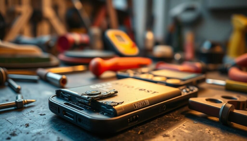A close-up view of a smartphone battery, showcasing visible signs of degradation, including bulging and corrosion. In the foreground, the damaged battery is placed on a workbench cluttered with tools like screwdrivers and multimeters, hinting at a repair context. The middle ground features an open smartphone with other internal components partially visible, emphasizing the importance of hardware inspection. The background is softly blurred, showing a well-lit workshop setting with warm, ambient lighting that creates a focused atmosphere. Use a shallow depth of field to draw attention to the battery's condition, while the overall mood conveys a sense of urgency and the need for attention to hardware issues. A close-up view of a smartphone battery, showcasing visible signs of degradation, including bulging and corrosion. In the foreground, the damaged battery is placed on a workbench cluttered with tools like screwdrivers and multimeters, hinting at a repair context. The middle ground features an open smartphone with other internal components partially visible, emphasizing the importance of hardware inspection. The background is softly blurred, showing a well-lit workshop setting with warm, ambient lighting that creates a focused atmosphere. Use a shallow depth of field to draw attention to the battery's condition, while the overall mood conveys a sense of urgency and the need for attention to hardware issues.