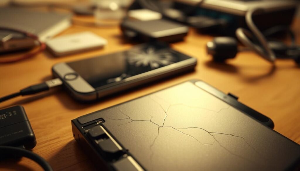 A close-up view of a smartphone battery showing clear signs of capacity loss, set against a soft-focus background of a desk cluttered with electronic devices. The battery, prominently displayed in the foreground, has visible swelling and cracks, illustrating permanent damage. In the middle ground, a slightly blurred smartphone, with a cracked screen, lies on the desk, hinting at overall wear. The lighting is warm but dim, evoking an atmosphere of neglect, with subtle shadows enhancing the textures of the damaged battery. The angle is slightly tilted to create depth, emphasizing the contrast between the vibrant colors of the smartphone and the dull, lifeless appearance of the battering battery. A close-up view of a smartphone battery showing clear signs of capacity loss, set against a soft-focus background of a desk cluttered with electronic devices. The battery, prominently displayed in the foreground, has visible swelling and cracks, illustrating permanent damage. In the middle ground, a slightly blurred smartphone, with a cracked screen, lies on the desk, hinting at overall wear. The lighting is warm but dim, evoking an atmosphere of neglect, with subtle shadows enhancing the textures of the damaged battery. The angle is slightly tilted to create depth, emphasizing the contrast between the vibrant colors of the smartphone and the dull, lifeless appearance of the battering battery.