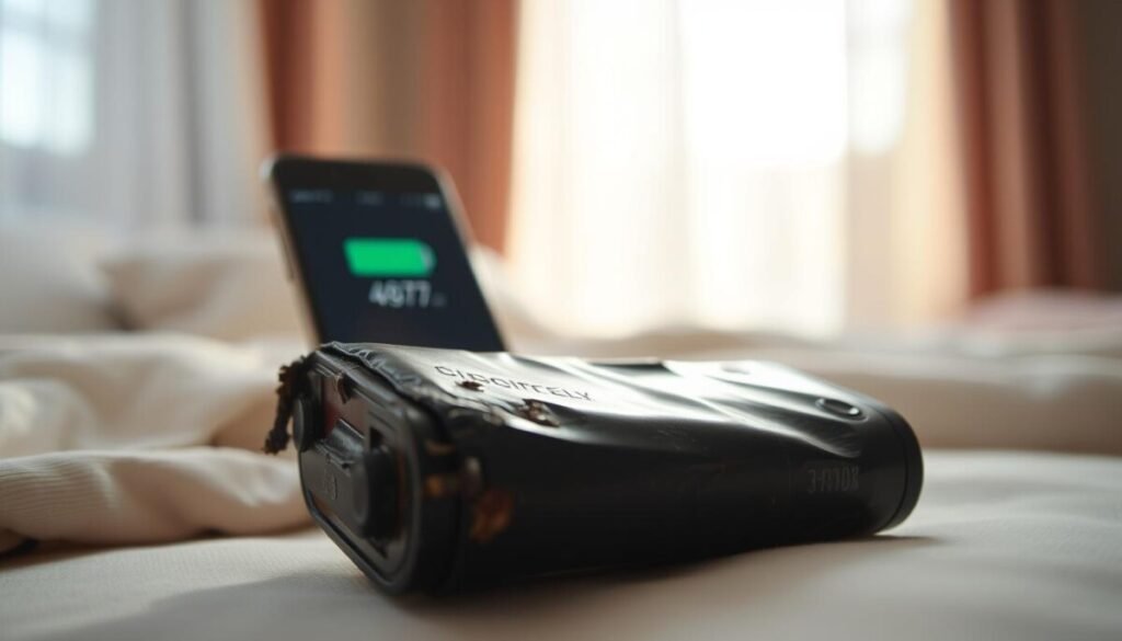 A close-up view of a smartphone battery, showing signs of degradation such as bulging and corrosion. In the foreground, the damaged battery is prominently displayed, partially opened to reveal its internal components. The middle layer features a smartphone with the screen dimmed and displaying a low battery warning, indicative of age-related decline. The background is soft and blurred, depicting a cozy bedroom scene with soft morning light filtering through curtains, creating a warm, reflective atmosphere. The lighting is bright yet natural, emphasizing the textures of the battery and the smartphone. The mood is thoughtful and slightly somber, inviting viewers to consider the implications of battery health and longevity. No text or additional elements in the image.
