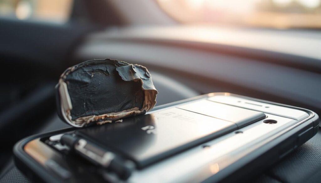 A close-up view of a smartphone battery with visible signs of damage, such as swelling, corrosion, and discoloration. In the foreground, focus on the battery, showing the damaged area with intricate details of the material degradation. The middle section features a partially opened smartphone, revealing the battery compartment with traces of heat-related wear. The background is softly blurred to indicate a car interior, hinting at a warm environment with sunlight filtering through the vehicle windows, casting soft shadows. Use natural lighting to enhance the textures, emphasizing a somber mood that conveys concern over battery safety. The image should be sharply focused, with a slight vignette effect to draw attention to the battery damage.