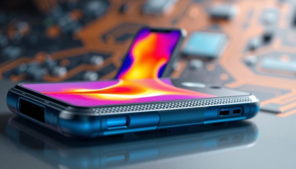 A close-up view of a smartphone case designed for optimal thermal regulation, showcasing a unique TPU material with intricate surface textures. In the foreground, highlight the flexibility and conductivity of the TPU, with heat dissipation features like vents and heat-sink patterns clearly visible. In the middle ground, depict a thermal imaging overlay illustrating heat flow, with warm colors indicating temperature hotspots and cooler tones showing effective heat dissipation areas. The background should be softly blurred to maintain focus, featuring an abstract representation of electronic components or circuitry, suggesting advanced technology and innovation. Use soft, diffused lighting to create a technical and modern atmosphere. The angle should be slightly tilted to emphasize depth and perspective, ensuring a professional and informative mood throughout the composition. A close-up view of a smartphone case designed for optimal thermal regulation, showcasing a unique TPU material with intricate surface textures. In the foreground, highlight the flexibility and conductivity of the TPU, with heat dissipation features like vents and heat-sink patterns clearly visible. In the middle ground, depict a thermal imaging overlay illustrating heat flow, with warm colors indicating temperature hotspots and cooler tones showing effective heat dissipation areas. The background should be softly blurred to maintain focus, featuring an abstract representation of electronic components or circuitry, suggesting advanced technology and innovation. Use soft, diffused lighting to create a technical and modern atmosphere. The angle should be slightly tilted to emphasize depth and perspective, ensuring a professional and informative mood throughout the composition.