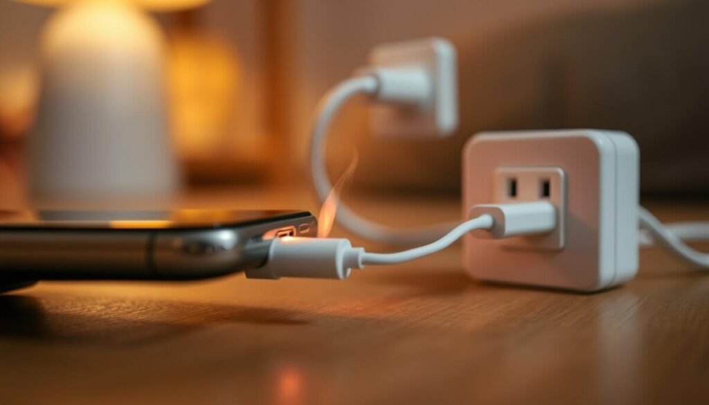 A close-up view of a smartphone charging port that is visibly overheating, with a faint glow emanating from it. The foreground shows a smartphone partially plugged into a charger, with a small puff of smoke subtly rising from the connection point. In the middle ground, an electrical outlet is depicted, with a normal charger plugged in, creating a contrast between normal and hazardous charging scenarios. The background features a blurred, softly lit home setting, adding a cozy yet concerning atmosphere. The lighting is warm, with a slight focus on the overheating charger to emphasize the danger. The scene conveys a sense of urgency and caution, highlighting the importance of phone charger safety.