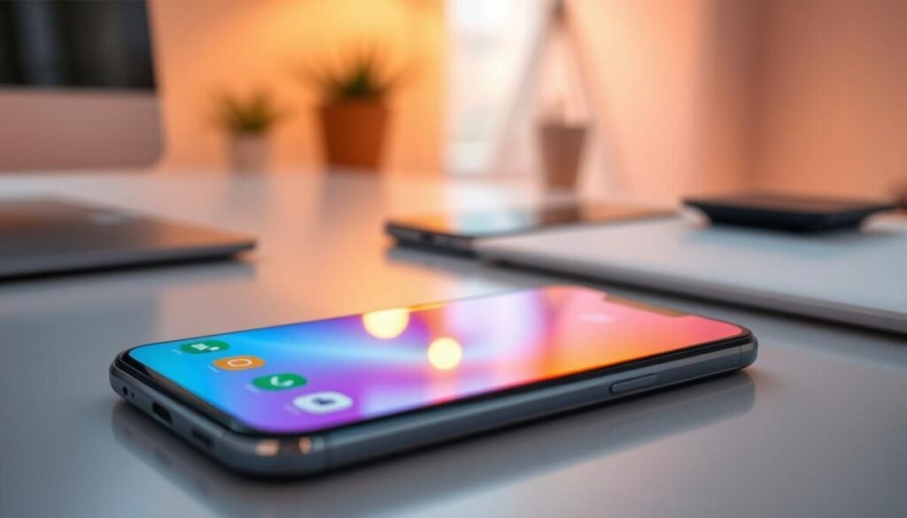 A close-up view of a smartphone display showing vibrant, high screen brightness, emitting a warm glow against a softly blurred background. In the foreground, the phone sits on a sleek, modern desk, highlighting its premium design with a focus on clarity and detail. The middle layer features subtle reflections of warm light on the phone's surface, emphasizing the brightness setting while hints of colorful app icons add a lively touch. The background should be lightly blurred, with soft, ambient lighting in a cozy indoor environment, conveying a productive and focused atmosphere. The overall mood is one of optimization and efficiency, suitable for expressing the theme of reducing heat through software settings. No text or overlays present.