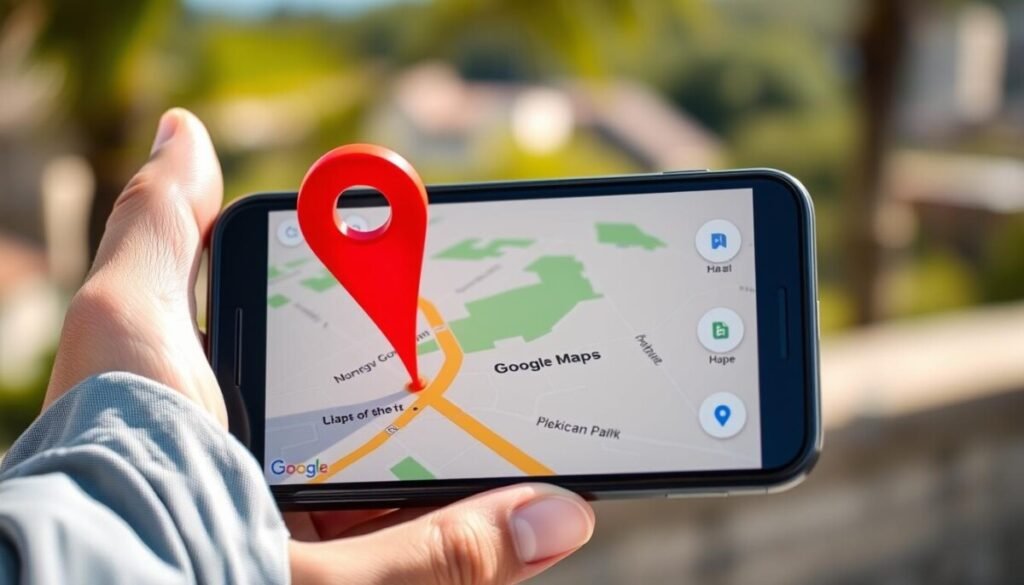 A close-up view of a smartphone displaying Google Maps with a bright red pin dropped on a scenic location, such as a park or a city landmark. In the foreground, the smartphone is held steady by a hand in casual but professional attire, suggesting a user ready to share their location. The middle layer features the map on the screen, with detailed streets and landmarks clearly visible, emphasizing the pin's position. The background shows a soft-focus outdoor setting, hinting at a warm, sunny day with greenery or distant buildings. The lighting is bright and inviting, creating an atmosphere of exploration and sharing. The image should be vibrant and engaging, without any text or distractions. A close-up view of a smartphone displaying Google Maps with a bright red pin dropped on a scenic location, such as a park or a city landmark. In the foreground, the smartphone is held steady by a hand in casual but professional attire, suggesting a user ready to share their location. The middle layer features the map on the screen, with detailed streets and landmarks clearly visible, emphasizing the pin's position. The background shows a soft-focus outdoor setting, hinting at a warm, sunny day with greenery or distant buildings. The lighting is bright and inviting, creating an atmosphere of exploration and sharing. The image should be vibrant and engaging, without any text or distractions.