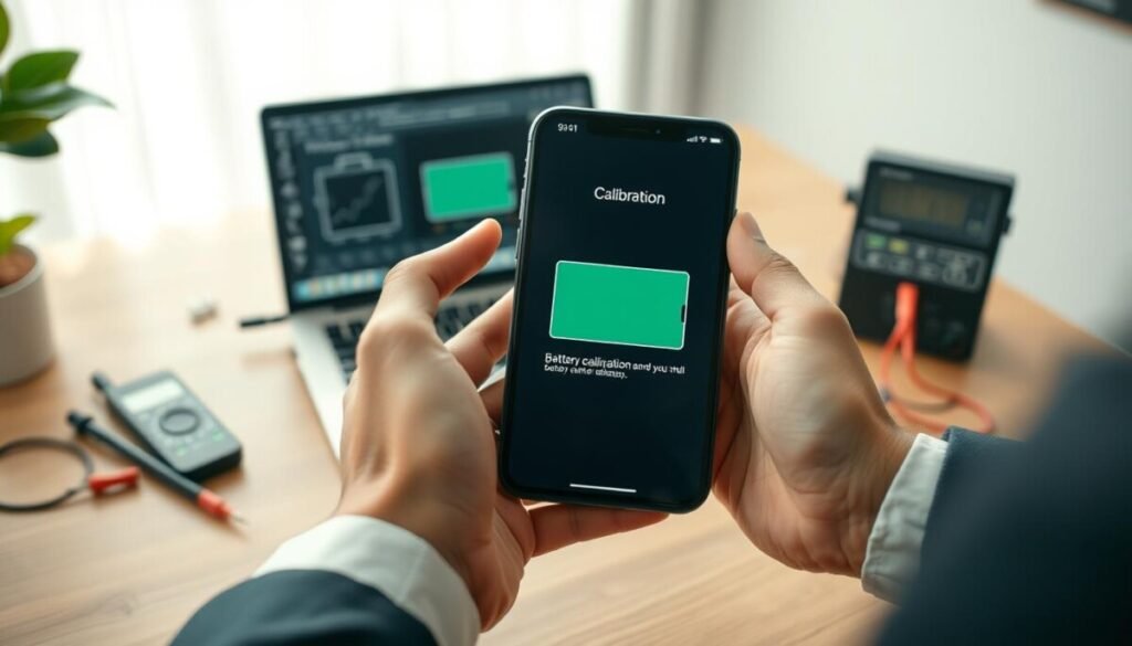 A close-up view of a smartphone displaying a battery calibration screen, set on a wooden table with a laptop and a multimeter nearby. In the foreground, a pair of hands, dressed in professional business attire, gently hold the phone, indicating the calibration process. The background features soft natural lighting filtering in through a nearby window, casting subtle shadows and enhancing the focus on the phone. On the laptop screen, there's a clear graphical representation of battery levels and calibration steps. The atmosphere is technical yet approachable, embodying a sense of precision and care in the calibration process. A close-up view of a smartphone displaying a battery calibration screen, set on a wooden table with a laptop and a multimeter nearby. In the foreground, a pair of hands, dressed in professional business attire, gently hold the phone, indicating the calibration process. The background features soft natural lighting filtering in through a nearby window, casting subtle shadows and enhancing the focus on the phone. On the laptop screen, there's a clear graphical representation of battery levels and calibration steps. The atmosphere is technical yet approachable, embodying a sense of precision and care in the calibration process.