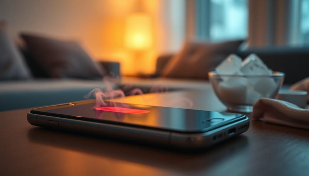 A close-up view of a smartphone displaying a bright red overheating warning icon on the screen, with the device resting on a table. Wisps of steam rising from the phone to emphasize the heat, surrounded by a faint haze. In the background, a dimly lit room with soft, warm lighting creating a cozy atmosphere, contrasting with the phone's alarming state. A subtle glow emanates from the screen, enhancing the feeling of distress. The camera angle is slightly tilted to focus on the phone, with an emphasis on textures like the metallic casing and smooth glass surface. To the side, a small bowl of ice cubes and a cool cloth, hinting at immediate cooling solutions. The overall mood is tense yet informative.