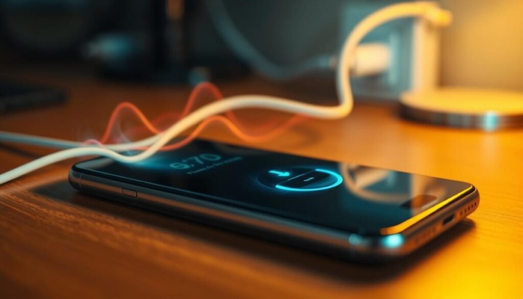 A close-up view of a smartphone displaying a charging animation, with heat waves visibly radiating around the device to emphasize increasing temperature. The smartphone, sleek and modern, is placed on a wooden desk with a faint reflection. In the background, a soft-focused charging cable snakes towards a power outlet, creating an environment that suggests high energy consumption. The scene is illuminated by a warm golden light, evoking a sense of urgency and intensity. The atmosphere feels charged, with hints of dynamic energy in the air, accentuating the idea of rapid charging and its consequences on device temperature. The angle is slightly tilted for dramatic effect, enhancing the visual impact of the heat emanating from the phone. A close-up view of a smartphone displaying a charging animation, with heat waves visibly radiating around the device to emphasize increasing temperature. The smartphone, sleek and modern, is placed on a wooden desk with a faint reflection. In the background, a soft-focused charging cable snakes towards a power outlet, creating an environment that suggests high energy consumption. The scene is illuminated by a warm golden light, evoking a sense of urgency and intensity. The atmosphere feels charged, with hints of dynamic energy in the air, accentuating the idea of rapid charging and its consequences on device temperature. The angle is slightly tilted for dramatic effect, enhancing the visual impact of the heat emanating from the phone.