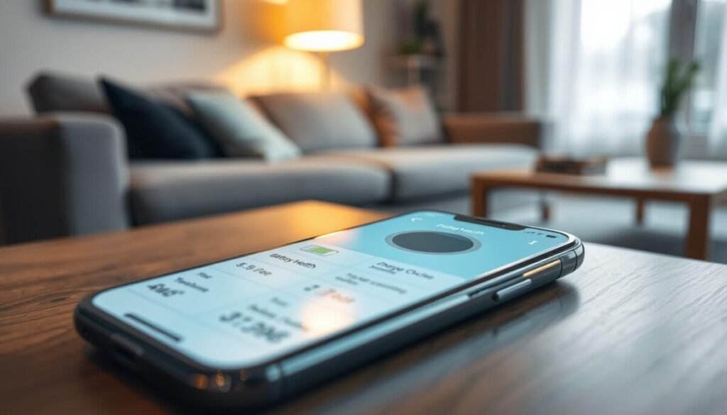 A close-up view of a smartphone displaying a detailed battery health interface, showing percentages and metrics like charge cycles and temperature, set against a softly blurred living room background. The phone is placed on a sleek wooden table, with a gentle light source casting soft shadows, suggesting a calm and focused atmosphere. In the foreground, the screen is highly detailed, emphasizing the battery health information. Subtle reflections can be seen on the phone’s surface, enhancing the modern feel. The background features a cozy, well-lit ambiance that complements the theme of managing device performance without overheating. The image conveys a sense of care and attention to technology. A close-up view of a smartphone displaying a detailed battery health interface, showing percentages and metrics like charge cycles and temperature, set against a softly blurred living room background. The phone is placed on a sleek wooden table, with a gentle light source casting soft shadows, suggesting a calm and focused atmosphere. In the foreground, the screen is highly detailed, emphasizing the battery health information. Subtle reflections can be seen on the phone’s surface, enhancing the modern feel. The background features a cozy, well-lit ambiance that complements the theme of managing device performance without overheating. The image conveys a sense of care and attention to technology.
