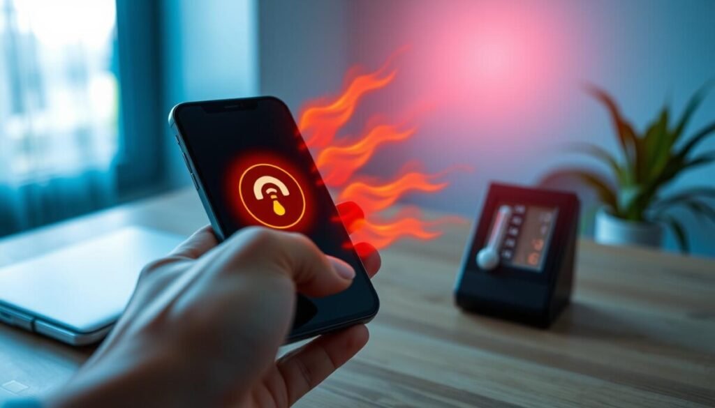 A close-up view of a smartphone displaying a hotspot connection icon, radiating gentle waves of heat distortion in vibrant reds and oranges to symbolize device heat. In the foreground, a hand reaches out towards the phone, delicately holding it to indicate caution. The middle layer features a digital thermometer nearby, showing high temperature readings. The background depicts a cool, calming environment with soft blue and green colors to contrast the heat emanating from the device. Natural light streams from a nearby window, creating a warm glow that enhances the heat effect without overpowering the scene. The atmosphere is urgent yet professional, conveying the need for immediate cooling strategies in a sleek, modern setting.