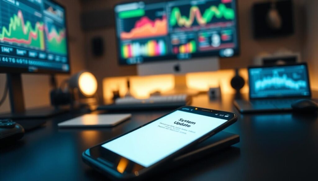 A close-up view of a smartphone displaying a system update screen, set against a modern tech workspace. In the foreground, the phone is positioned on a sleek desk with a light reflection suggesting a high-tech environment. The middle layer includes a soft-focus laptop and various tech gadgets, creating a professional ambiance. In the background, a blurred wall-mounted display shows colorful graphs and data, indicating software monitoring. The scene is illuminated by warm, ambient lighting to convey a sense of productivity and innovation, with a depth of field effect emphasizing the smartphone. Capture a serene, focused mood that reflects the importance of software verification and updates in technology.