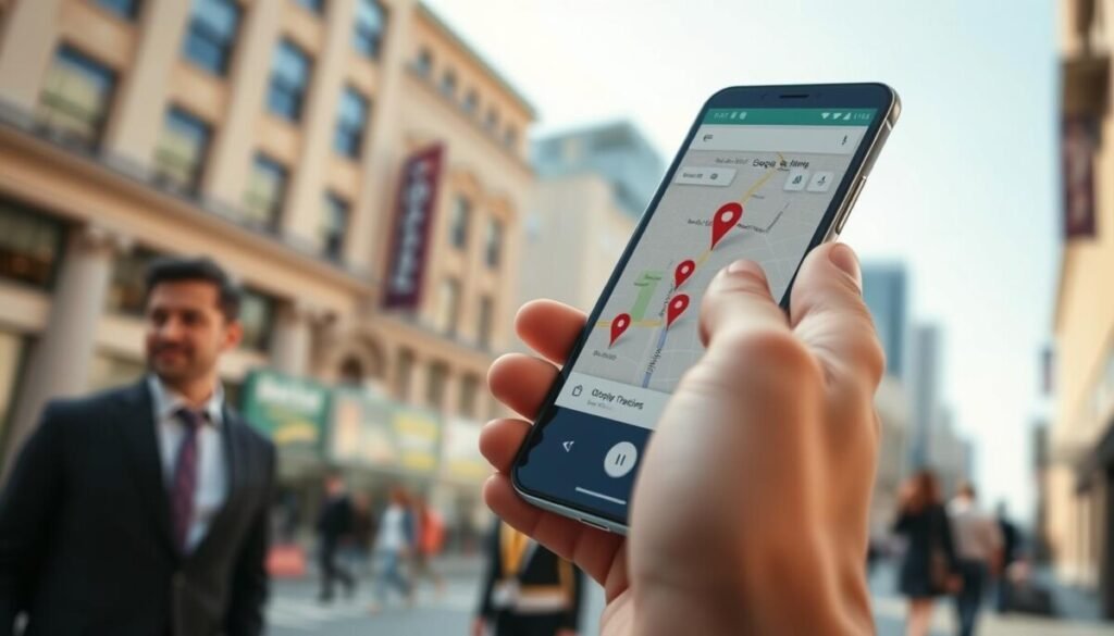 A close-up view of a smartphone displaying a vibrant Google Maps interface, prominently featuring a location tracking timeline with colorful path markers. In the foreground, the phone is held by a person in professional business attire, emphasizing focus and engagement. In the middle ground, a blurred background reveals an urban environment with city buildings and people walking, symbolizing movement and connectivity. Soft natural lighting creates a warm atmosphere, while the angle captures the phone at a slight tilt, enhancing the sense of action. The mood is informative and encouraging, conveying a sense of exploration and the usefulness of technology in daily navigation.