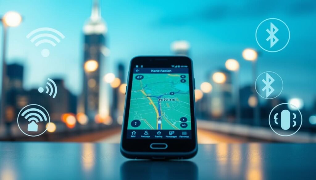 A close-up view of a smartphone displaying an active GPS navigation app, surrounded by subtle graphical elements representing connectivity, such as signal waves and icons for Wi-Fi, Bluetooth, and location services. In the foreground, the phone is positioned slightly off-center, showcasing a vibrant map on its screen. In the middle ground, soft light reflects off the device, highlighting its sleek design and modern interface. The background features a blurred city skyline, symbolizing urban navigation. The atmosphere is dynamic and tech-oriented, with a cool color palette, primarily blues and greens, to represent digital connectivity. The overall mood is focused and informative, capturing the essence of managing background activity effectively.