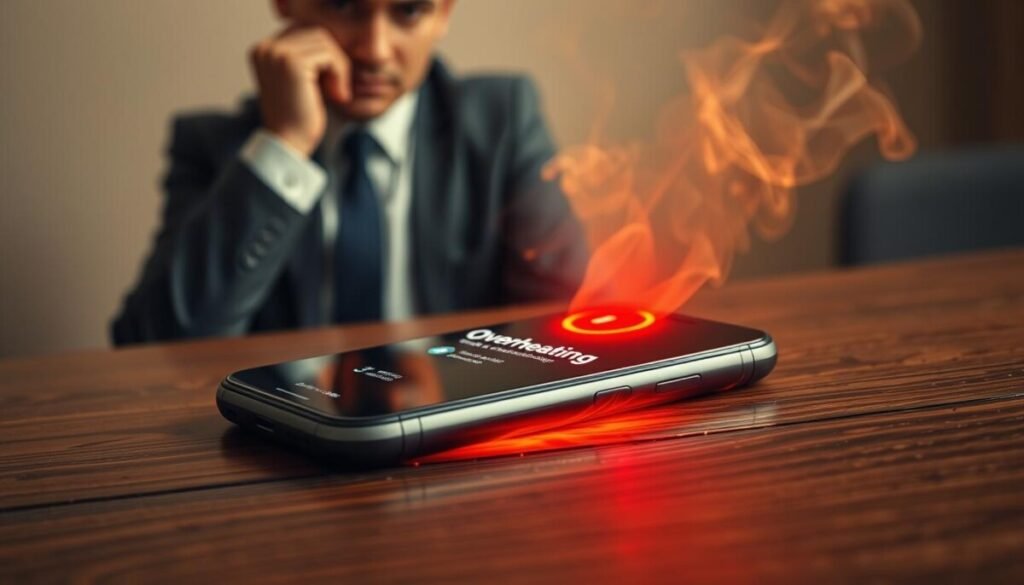 A close-up view of a smartphone displaying an overheating warning on the screen, with a red overheating icon glowing brightly. The phone is set on a surface made of dark wood, slightly warped due to heat, with faint wisps of smoke rising around it to emphasize the danger. In the background, a blurred image of a worried businessperson in professional attire glancing at the phone, symbolizing concern and urgency. Warm lighting casts a glow around the phone, enhancing the mood of alarm and tension. Capture the scene from a slightly elevated angle to focus on the phone while framing the background figure, creating a sense of immediacy and caution about the implications of overheating.