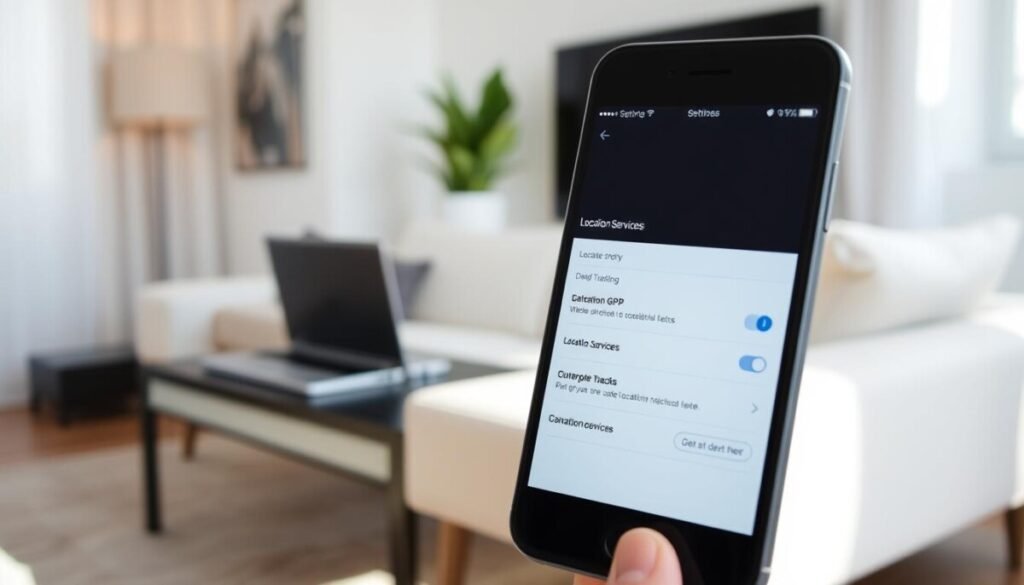 A close-up view of a smartphone displaying location services settings on its screen, set against a lightly blurred living room background. In the foreground, the smartphone is angled slightly towards the viewer, showcasing clear visual details of the GPS and tracking options. The middle ground features an elegant desk with minimalistic decor, including a potted plant and a laptop, conveying a modern and professional atmosphere. Soft, natural lighting filters through a nearby window, casting gentle shadows and creating a warm ambiance. The mood should be calm and focused, emphasizing the importance of reliable tracking features for devices.
