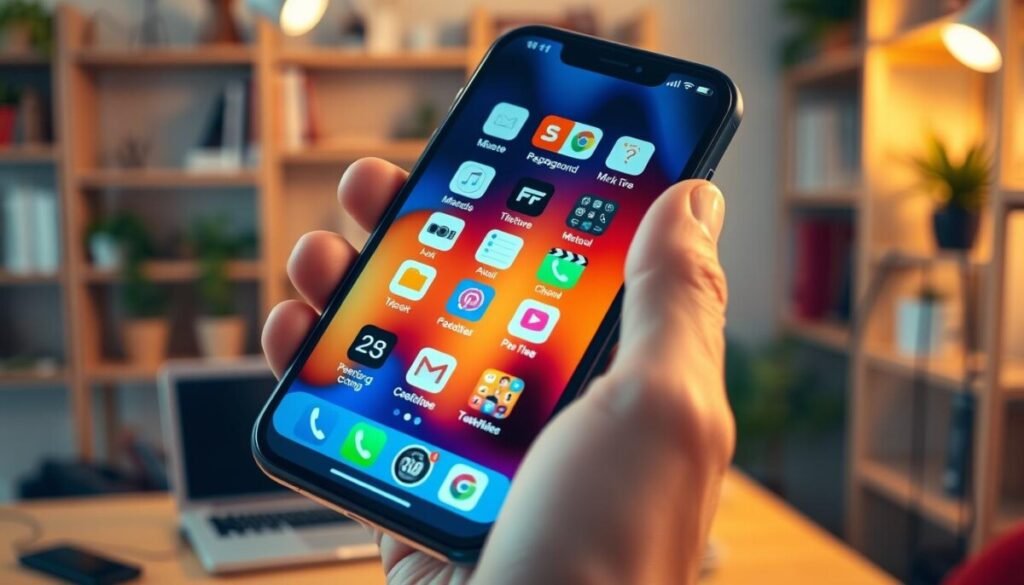 A close-up view of a smartphone displaying multiple background apps in action, with a focus on vibrant app icons reflecting the various activities running behind the scenes. The foreground features the phone held in a person's hand, showing a casual but professional outfit. The screen should be illuminated, highlighting the colorful app icons and their notifications. In the middle ground, a subtle blur of an indoor environment, like a desk with a laptop and ambient lighting, creates a context of productivity and tech use. The background features soft, out-of-focus shelves filled with books and plants, enhancing a cozy atmosphere. The lighting is warm and inviting, with a slight glow emanating from the phone screen, illustrating the concept of multitasking and resource usage.
