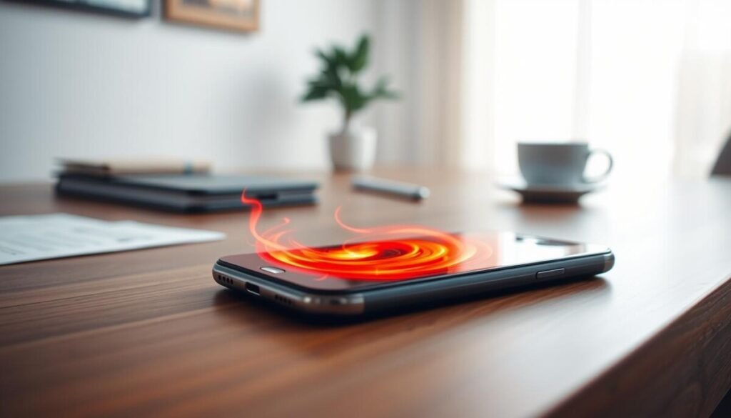A close-up view of a smartphone displaying visual heat distortion, with vivid red and orange swirling patterns radiating from its surface, symbolizing excessive heat. The foreground features the phone resting on a sleek, polished wooden desk, with small details like scattered papers and a coffee cup subtly hinting at a busy workspace. In the middle ground, a soft-focus background shows a bright window letting in natural light, adding an inviting yet warm atmosphere. The image should be captured from a slightly elevated angle to enhance the dramatic effect of the heat waves. Use high contrast lighting to emphasize the phone's heat effects and create an intense, alarming mood that conveys the dangers of heat on battery life. A close-up view of a smartphone displaying visual heat distortion, with vivid red and orange swirling patterns radiating from its surface, symbolizing excessive heat. The foreground features the phone resting on a sleek, polished wooden desk, with small details like scattered papers and a coffee cup subtly hinting at a busy workspace. In the middle ground, a soft-focus background shows a bright window letting in natural light, adding an inviting yet warm atmosphere. The image should be captured from a slightly elevated angle to enhance the dramatic effect of the heat waves. Use high contrast lighting to emphasize the phone's heat effects and create an intense, alarming mood that conveys the dangers of heat on battery life.