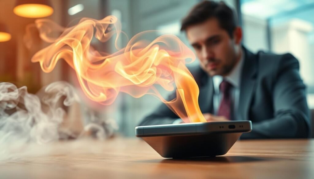 A close-up view of a smartphone emitting wisps of hazy smoke and glowing softly as if overheating, symbolizing the concept of "smell" through visual representation. In the foreground, the smartphone is angled slightly, with heatwaves visibly distorting the air around it. The middle layer features faint, swirling scents depicted as colorful, ethereal tendrils rising from the phone, merging with the smoke. In the background, a softly blurred, modern office setting with a concerned professional wearing a business attire, gazing curiously at the device. The overall lighting should be warm and slightly dramatic, enhancing the focus on the phone while casting gentle shadows. The atmosphere conveys urgency and caution, emphasizing the importance of recognizing dangerous odors. A close-up view of a smartphone emitting wisps of hazy smoke and glowing softly as if overheating, symbolizing the concept of "smell" through visual representation. In the foreground, the smartphone is angled slightly, with heatwaves visibly distorting the air around it. The middle layer features faint, swirling scents depicted as colorful, ethereal tendrils rising from the phone, merging with the smoke. In the background, a softly blurred, modern office setting with a concerned professional wearing a business attire, gazing curiously at the device. The overall lighting should be warm and slightly dramatic, enhancing the focus on the phone while casting gentle shadows. The atmosphere conveys urgency and caution, emphasizing the importance of recognizing dangerous odors.