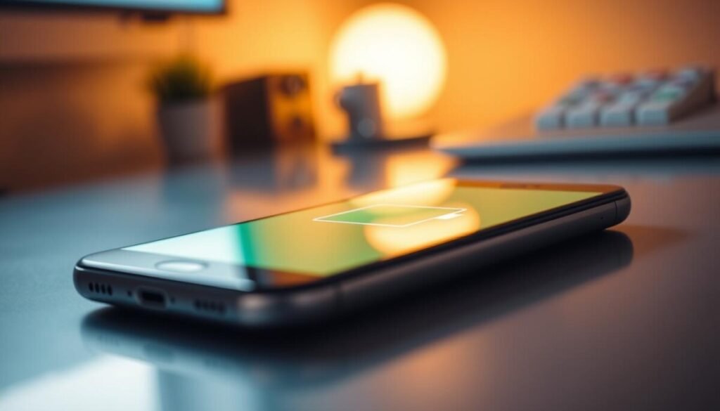 A close-up view of a smartphone lying on a sleek, modern desk, the focus on its battery icon displayed prominently on the screen, indicating low power. In the foreground, the phone should be angled to showcase the screen clearly, while a subtle reflection of the battery icon shines off the polished surface of the desk. The middle ground features a faint outline of app icons blurred out, suggesting the potential battery-draining apps, creating an air of intrigue. The background displays a softly lit workspace with a warm, inviting atmosphere, emphasizing an understanding of technology in everyday life. The lighting is warm and soft, evoking a sense of calm and productivity, shot with a shallow depth of field to draw attention to the phone's battery icon while keeping the surrounding environment slightly out of focus.