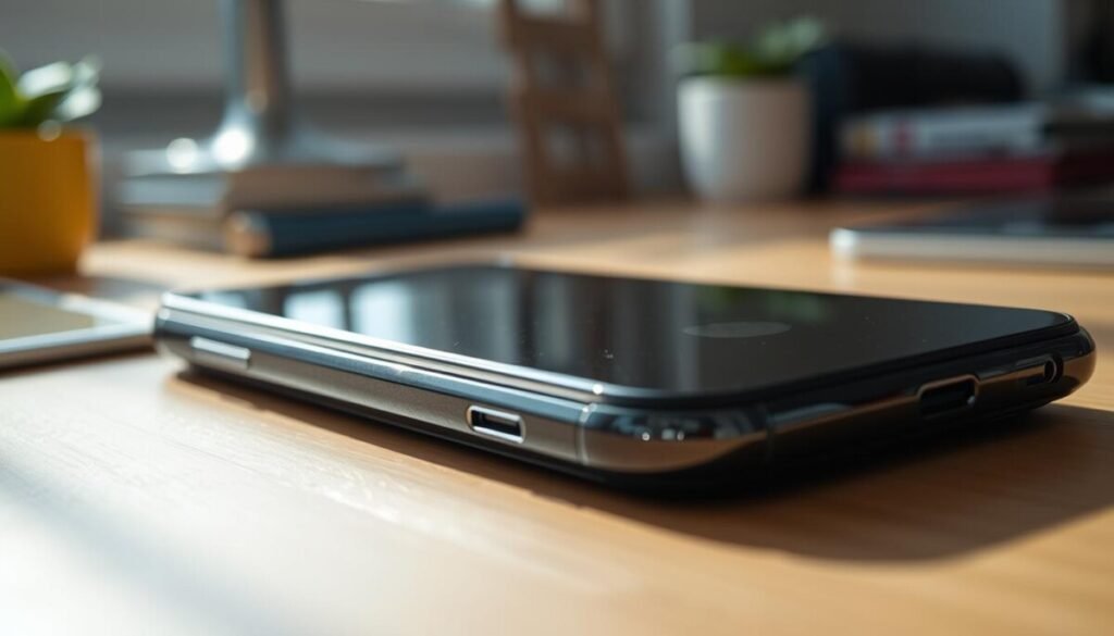 A close-up view of a smartphone lying on a table, showcasing clear visual indicators of a swollen battery. The phone's casing is slightly bulging, with a visible separation between the screen and the body. There's a faint, uneven discoloration on the back panel, hinting at overheating. In the background, a soft-focus, well-lit workspace setting, enhancing the clarity of the smartphone details. Use natural daylight streaming in through a nearby window, casting gentle shadows. The lens angle should capture the phone from an elevated perspective, emphasizing the swelling without being alarmist. The mood conveys a sense of urgency while remaining informative, suitable for a technical article. No text or graphics present. A close-up view of a smartphone lying on a table, showcasing clear visual indicators of a swollen battery. The phone's casing is slightly bulging, with a visible separation between the screen and the body. There's a faint, uneven discoloration on the back panel, hinting at overheating. In the background, a soft-focus, well-lit workspace setting, enhancing the clarity of the smartphone details. Use natural daylight streaming in through a nearby window, casting gentle shadows. The lens angle should capture the phone from an elevated perspective, emphasizing the swelling without being alarmist. The mood conveys a sense of urgency while remaining informative, suitable for a technical article. No text or graphics present.