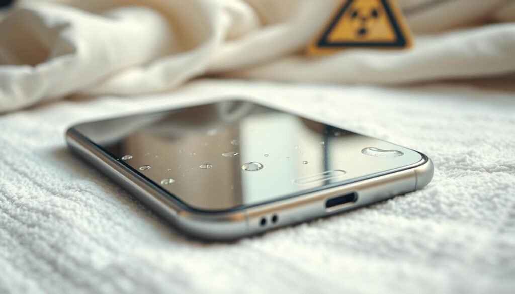 A close-up view of a smartphone lying on a white towel, surrounded by subtle signs of moisture damage. In the foreground, highlight the phone’s screen with visible water droplets and condensation around the edges, creating a sense of urgency. The middle layer features a slight haze indicating moisture infiltration, with faint sparkles reflecting light, enhancing the drama. A blurred background includes soft clothing and a subtle out-of-focus hazard sign to evoke caution. Use natural, warm lighting that mimics daylight, casting gentle shadows for depth. The mood is serious yet informative, emphasizing the potential dangers of moisture damage while maintaining a clean, professional aesthetic. A close-up view of a smartphone lying on a white towel, surrounded by subtle signs of moisture damage. In the foreground, highlight the phone’s screen with visible water droplets and condensation around the edges, creating a sense of urgency. The middle layer features a slight haze indicating moisture infiltration, with faint sparkles reflecting light, enhancing the drama. A blurred background includes soft clothing and a subtle out-of-focus hazard sign to evoke caution. Use natural, warm lighting that mimics daylight, casting gentle shadows for depth. The mood is serious yet informative, emphasizing the potential dangers of moisture damage while maintaining a clean, professional aesthetic.