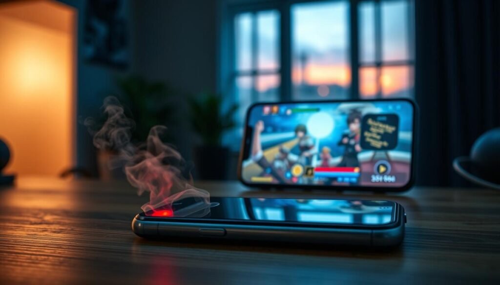 A close-up view of a smartphone on a wooden desk, displaying a battery icon with an intense red glow, symbolizing overheating. The foreground features a smartphone with visible signs of overheating, such as a slightly warped casing and faint smoke rising. In the middle ground, include an open game application like Genshin Impact on the screen, with vibrant graphics and dynamic characters. The background is slightly blurred, showcasing a dimly lit room with an open window, allowing the soft evening light to filter in and create a contrast between the warm tones of the battery and the cool ambient lighting. The mood is tense, conveying urgency and potential danger in the context of hardware damage.