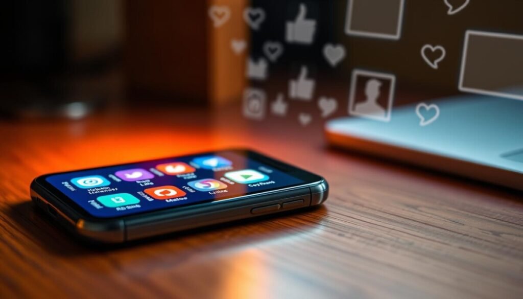 A close-up view of a smartphone on a wooden desk displaying social media app icons, with a glowing notification symbol above them, suggesting active background syncing. The smartphone should have its screen prominently lit, casting a soft, warm glow onto the desk, while slightly blurred images of social interactions (like likes, comments, and shares) float in the background, giving the impression of digital connectivity. The atmosphere is dynamic yet cozy, emphasizing the hustle and bustle of social media usage. The lighting is warm and inviting, capturing a late afternoon feel, with soft shadows enhancing depth. The phone is angled to showcase its sleek design and clean interface, while the background remains subtly out of focus to draw attention to the device.