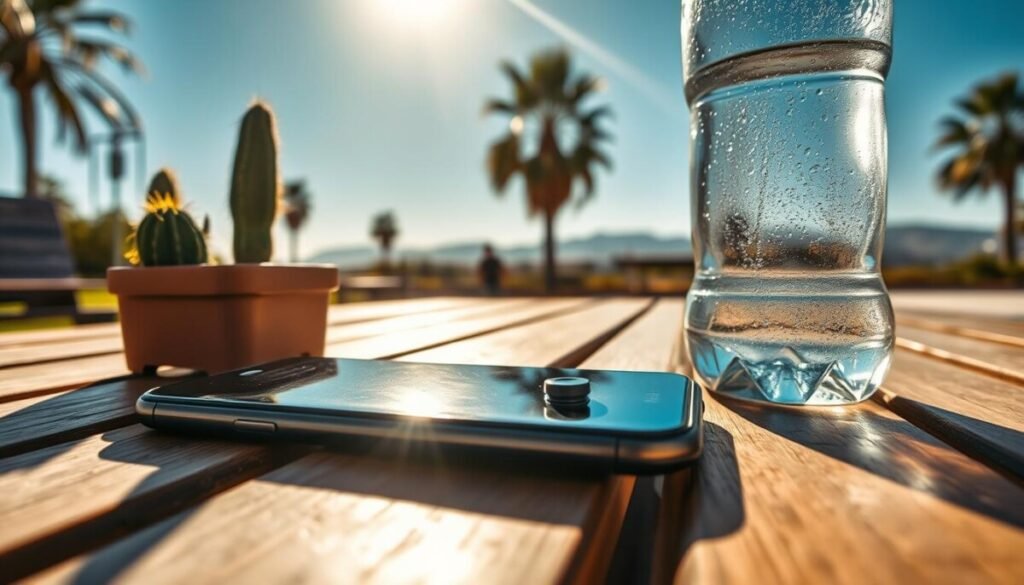 A close-up view of a smartphone on a wooden picnic table, the device displaying a warning icon indicating overheating. Surrounding the phone, a variety of environmental elements, including bright sunlight casting dappled shadows, a small potted cactus, and an open bottle of water sweating beads of condensation in the heat. In the background, faded silhouettes of palm trees and mountains under a clear blue sky emphasize the scorching conditions. The scene is warm and vibrant, evoking a sense of summer heat. Soft lens flare adds to the sun-drenched atmosphere, while the focus remains sharp on the phone and its immediate surroundings, creating a stark contrast to the blurred background.