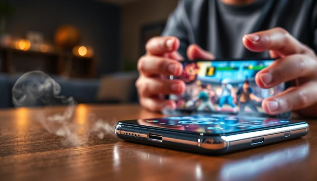 A close-up view of a smartphone on a wooden surface, showing visible signs of overheating during intense gaming. The phone's screen displays a colorful action game with bright graphics, while the device itself has a slight sheen, indicating high temperature. In the foreground, subtle steam rises from the phone, illustrating thermal throttling effects. In the middle ground, a pair of hands, dressed in casual attire, holds the phone carefully to avoid contact, emphasizing concern over overheating. The background features a dimly lit room with a soft glow from ambient lighting, creating a contrasting atmosphere. The focus is sharp on the phone, with a shallow depth of field blurring the surroundings, evoking a sense of urgency and tension related to gaming performance. A close-up view of a smartphone on a wooden surface, showing visible signs of overheating during intense gaming. The phone's screen displays a colorful action game with bright graphics, while the device itself has a slight sheen, indicating high temperature. In the foreground, subtle steam rises from the phone, illustrating thermal throttling effects. In the middle ground, a pair of hands, dressed in casual attire, holds the phone carefully to avoid contact, emphasizing concern over overheating. The background features a dimly lit room with a soft glow from ambient lighting, creating a contrasting atmosphere. The focus is sharp on the phone, with a shallow depth of field blurring the surroundings, evoking a sense of urgency and tension related to gaming performance.