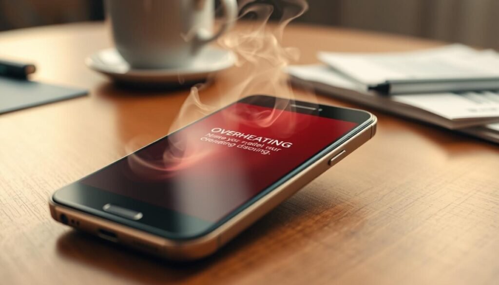 A close-up view of a smartphone on a wooden table, visibly overheating with a slight shimmer effect indicating heat distortion. The device's screen displays a bright red warning graphic about overheating, while smoke wisps rise gently from the edges. In the background, there are scattered items like a coffee cup and a few papers, subtly conveying a casual work environment. Soft, warm lighting highlights the phone's metallic edges, creating a sense of urgency. The angle captures the smartphone tilted at about 45 degrees, allowing for a clear view of the screen and its warning message. The mood should evoke concern and the need for immediate action, making it clear this device requires cooling. A close-up view of a smartphone on a wooden table, visibly overheating with a slight shimmer effect indicating heat distortion. The device's screen displays a bright red warning graphic about overheating, while smoke wisps rise gently from the edges. In the background, there are scattered items like a coffee cup and a few papers, subtly conveying a casual work environment. Soft, warm lighting highlights the phone's metallic edges, creating a sense of urgency. The angle captures the smartphone tilted at about 45 degrees, allowing for a clear view of the screen and its warning message. The mood should evoke concern and the need for immediate action, making it clear this device requires cooling.