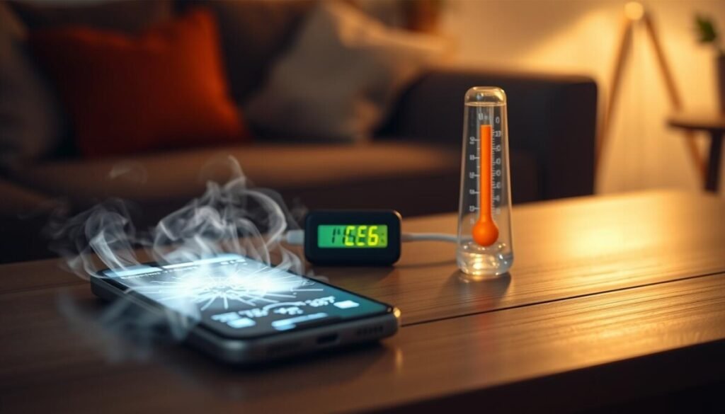A close-up view of a smartphone overheating on a wooden desk, with visible heat waves and a glowing screen that shows warning graphics. In the foreground, the phone displays a cracked screen and emits faint smoke. The middle layer features a digital thermometer reading high temperatures beside the device. The background includes a blurred, cozy living room setting with soft lighting that creates a warm atmosphere. The light reflects off the phone’s surface, intensifying the sense of heat. Subtle shadows enhance the drama of the scene, emphasizing the potential danger of overheating. The overall mood conveys urgency and concern, focusing on the critical issue of smartphone temperature safety. A close-up view of a smartphone overheating on a wooden desk, with visible heat waves and a glowing screen that shows warning graphics. In the foreground, the phone displays a cracked screen and emits faint smoke. The middle layer features a digital thermometer reading high temperatures beside the device. The background includes a blurred, cozy living room setting with soft lighting that creates a warm atmosphere. The light reflects off the phone’s surface, intensifying the sense of heat. Subtle shadows enhance the drama of the scene, emphasizing the potential danger of overheating. The overall mood conveys urgency and concern, focusing on the critical issue of smartphone temperature safety.