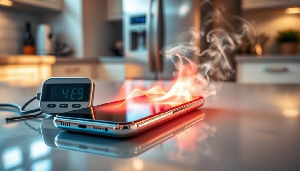 A close-up view of a smartphone overheating, with visible heat waves emanating from its screen, creating a shimmering effect. The phone is placed on a sleek, reflective surface to emphasize its shiny design. In the foreground, a digital thermometer displays a high temperature reading next to the phone, highlighting the overheating issue. In the middle ground, faint smoke wisps can be seen rising from the device, creating a sense of urgency and concern. The background features a blurred kitchen setting with a refrigerator in the distance, illuminated by soft, natural lighting, enhancing the professional atmosphere. The overall mood of the image conveys tension and caution, underscoring the importance of managing battery health and background processes effectively. A close-up view of a smartphone overheating, with visible heat waves emanating from its screen, creating a shimmering effect. The phone is placed on a sleek, reflective surface to emphasize its shiny design. In the foreground, a digital thermometer displays a high temperature reading next to the phone, highlighting the overheating issue. In the middle ground, faint smoke wisps can be seen rising from the device, creating a sense of urgency and concern. The background features a blurred kitchen setting with a refrigerator in the distance, illuminated by soft, natural lighting, enhancing the professional atmosphere. The overall mood of the image conveys tension and caution, underscoring the importance of managing battery health and background processes effectively.