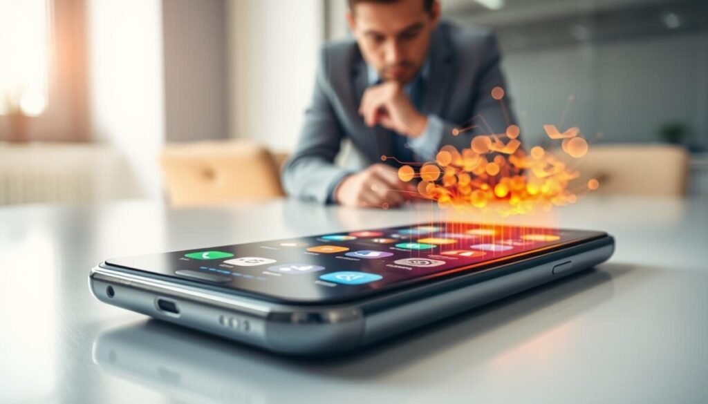 A close-up view of a smartphone resting on a sleek desk, emanating heat waves depicted by distorted air above its surface. The foreground features vibrant apps visibly running on the screen, emphasizing multitasking with various colorful icons. In the middle ground, a professional-looking person can be seen in a slightly blurred focus, observing the phone closely, dressed in smart casual attire. The background consists of a softly lit office environment, with a hint of natural sunlight filtering through a window, creating a warm ambiance. Use a shallow depth of field to highlight the phone and enhance the overall atmosphere of technological intensity and focus, evoking a sense of concern over potential overheating. A close-up view of a smartphone resting on a sleek desk, emanating heat waves depicted by distorted air above its surface. The foreground features vibrant apps visibly running on the screen, emphasizing multitasking with various colorful icons. In the middle ground, a professional-looking person can be seen in a slightly blurred focus, observing the phone closely, dressed in smart casual attire. The background consists of a softly lit office environment, with a hint of natural sunlight filtering through a window, creating a warm ambiance. Use a shallow depth of field to highlight the phone and enhance the overall atmosphere of technological intensity and focus, evoking a sense of concern over potential overheating.