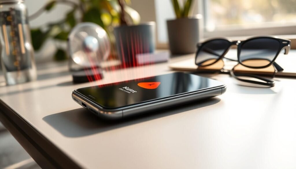 A close-up view of a smartphone resting on a sleek, modern desk, displaying a red warning icon on its screen indicating overheating. The phone emits visible heat waves, subtly distorting the air above it, creating an urgent atmosphere. Surrounding the phone, small items like a water bottle, a fan, and a pair of sunglasses are placed, suggesting a casual working environment. Soft natural lighting streams in from a window, casting gentle shadows across the desk. The background features blurred-out foliage or an indoor plant, enhancing the feeling of a warm, sunlit day. Focus on the details, like the reflections on the phone's glossy surface and the condensation droplets on the water bottle, capturing the essence of immediate concern for the device's overheating issue.