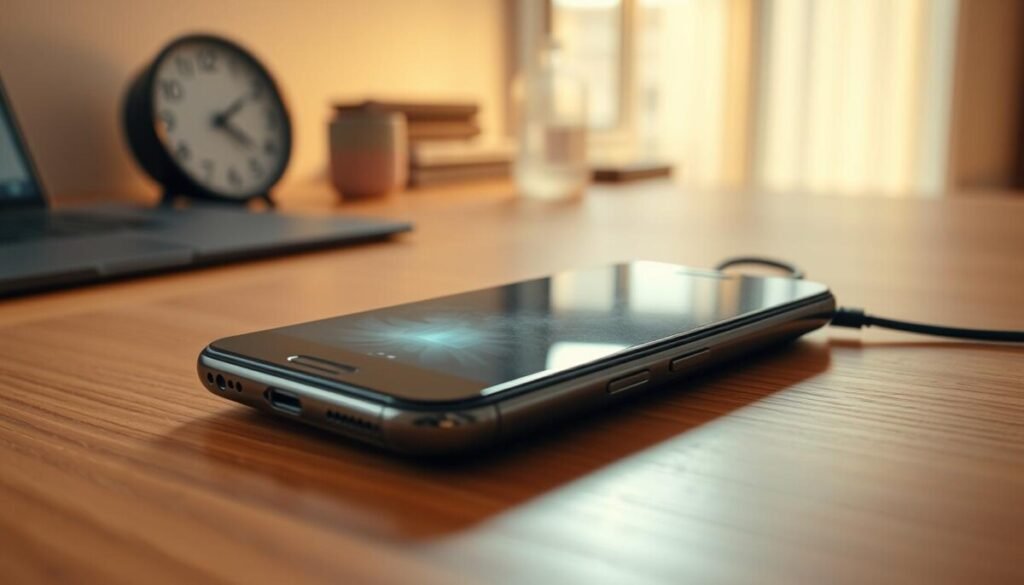 A close-up view of a smartphone resting on a sleek, modern wooden surface, with visual evidence of overheating, such as a slight glow emanating from the device's screen and a subtle haze in the air. The background features a well-lit, minimalistic workspace with a charging cable visibly plugged into the phone, and a clock showing late evening hours. Bright, warm lighting highlights the phone's curves and textures, while soft shadows create depth. The atmosphere is tense yet informative, conveying the importance of phone safety while charging. This image should not include any people or text overlays, ensuring a clear focus on the phone.