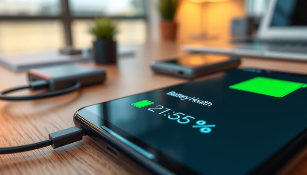 A close-up view of a smartphone screen displaying "Battery Health" statistics from a third-party app. The foreground features sleek icons representing battery status and percentage, vividly colored in green and red. In the middle ground, the smartphone rests on a wooden desk, surrounded by minimalistic tech accessories like a charging cable and a portable battery pack. The background offers a softly blurred office environment, hinting at a modern workspace with warm lighting that creates a focused atmosphere. The image captures an analytical tone, emphasizing the importance of monitoring battery health, with a slight depth of field effect to enhance the smartphone's details. A close-up view of a smartphone screen displaying "Battery Health" statistics from a third-party app. The foreground features sleek icons representing battery status and percentage, vividly colored in green and red. In the middle ground, the smartphone rests on a wooden desk, surrounded by minimalistic tech accessories like a charging cable and a portable battery pack. The background offers a softly blurred office environment, hinting at a modern workspace with warm lighting that creates a focused atmosphere. The image captures an analytical tone, emphasizing the importance of monitoring battery health, with a slight depth of field effect to enhance the smartphone's details.