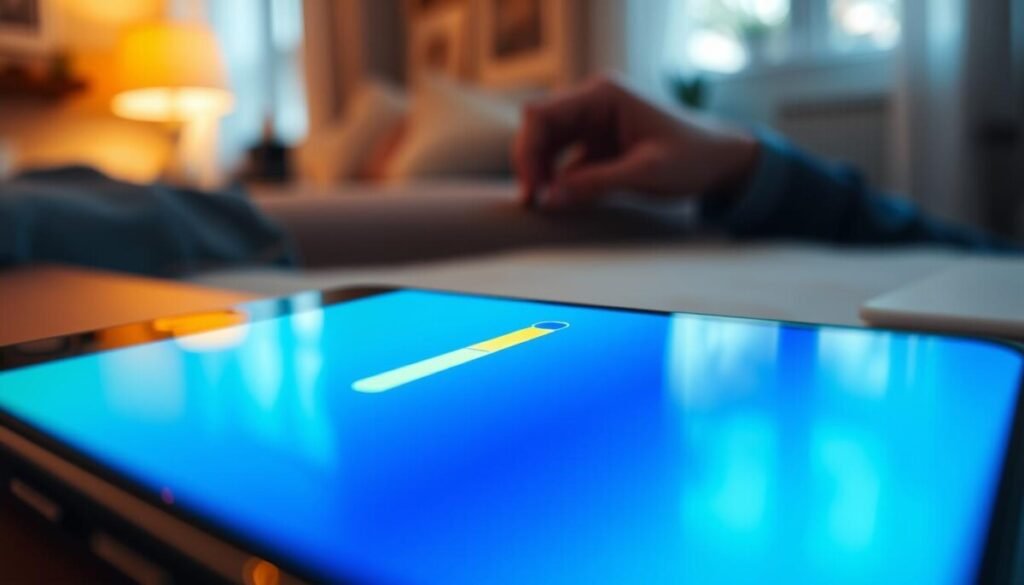 A close-up view of a smartphone screen displaying a vibrant, high-contrast visualization of brightness settings. In the foreground, the screen is lit with an adjustable brightness slider, glowing in shades of blue and yellow, symbolizing energy efficiency. The middle ground features a soft-focus hand adjusting the brightness, dressed in a smart casual attire. In the background, a cozy, softly lit room with ambient lighting emphasizes a tranquil yet productive atmosphere. The lighting should create a warm glow, illuminating the device, while shadows create depth, reflecting a tech-savvy lifestyle. The overall mood is calm and focused, underscoring the importance of managing display settings for prolonged device use. A close-up view of a smartphone screen displaying a vibrant, high-contrast visualization of brightness settings. In the foreground, the screen is lit with an adjustable brightness slider, glowing in shades of blue and yellow, symbolizing energy efficiency. The middle ground features a soft-focus hand adjusting the brightness, dressed in a smart casual attire. In the background, a cozy, softly lit room with ambient lighting emphasizes a tranquil yet productive atmosphere. The lighting should create a warm glow, illuminating the device, while shadows create depth, reflecting a tech-savvy lifestyle. The overall mood is calm and focused, underscoring the importance of managing display settings for prolonged device use.