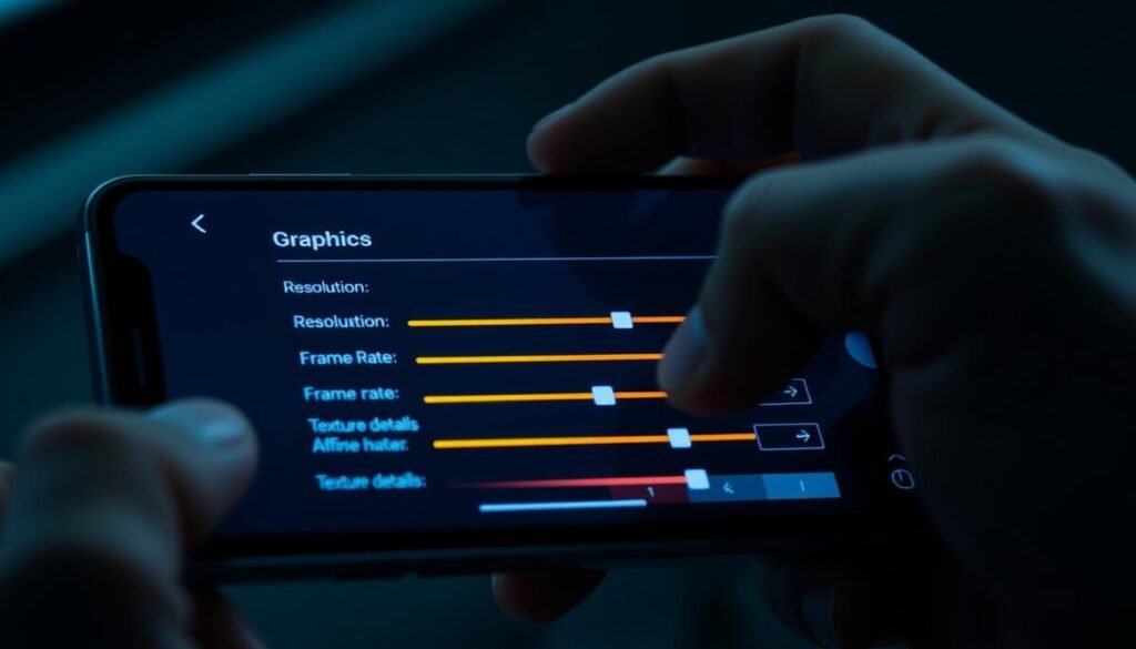 A close-up view of a smartphone screen displaying an intricate graphics settings interface for a game, with a focus on settings like resolution, frame rate, and texture details. The foreground features virtual sliders and colorful buttons, illuminated softly to create a high-tech ambiance. In the middle ground, a hand in a professional casual outfit adjusts the sliders, suggesting an intuitive interaction with the app. The background is dark, emphasizing the device's bright screen and creating a contrast that highlights the interface. The lighting is cool and modern, with a slightly blurred depth of field to draw attention to the settings. The overall mood is focused and technical, conveying a sense of empowerment through software adjustments to enhance gaming performance and prevent overheating. A close-up view of a smartphone screen displaying an intricate graphics settings interface for a game, with a focus on settings like resolution, frame rate, and texture details. The foreground features virtual sliders and colorful buttons, illuminated softly to create a high-tech ambiance. In the middle ground, a hand in a professional casual outfit adjusts the sliders, suggesting an intuitive interaction with the app. The background is dark, emphasizing the device's bright screen and creating a contrast that highlights the interface. The lighting is cool and modern, with a slightly blurred depth of field to draw attention to the settings. The overall mood is focused and technical, conveying a sense of empowerment through software adjustments to enhance gaming performance and prevent overheating.