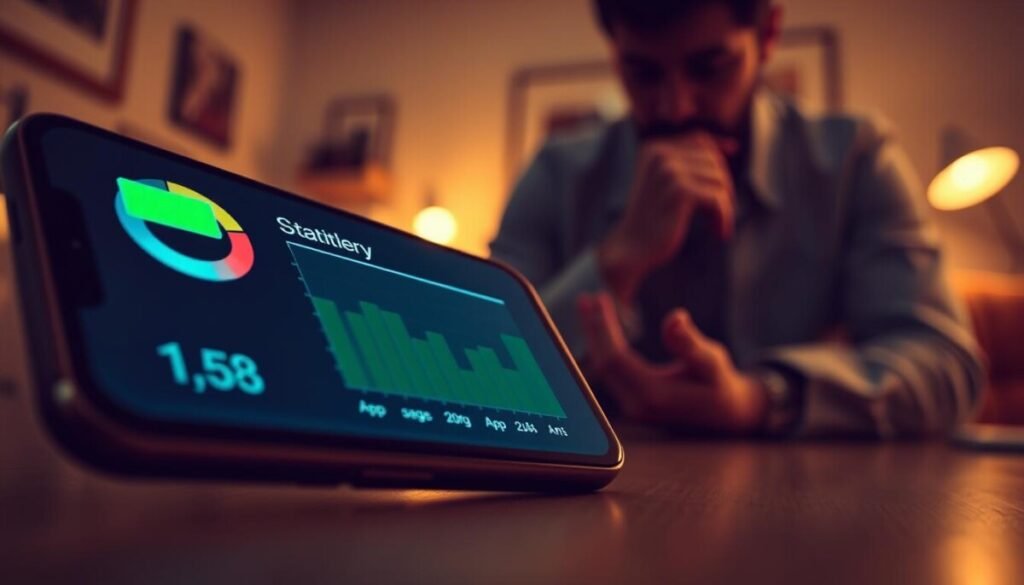 A close-up view of a smartphone screen displaying battery usage statistics, prominently featuring a detailed pie chart and app usage bar graphs. The foreground showcases the phone, sleek with a vibrant display, illuminated by soft, warm lighting to create an inviting feel. In the middle ground, a silhouette of a person, dressed in smart casual attire, is thoughtfully examining the phone, slightly leaning forward to indicate focus and curiosity. The background features a blurred home office setting with subtle hints of modern decor and low ambient lighting, enhancing a cozy yet professional atmosphere. The entire composition conveys a sense of urgency and insight, encouraging the viewer to assess their device’s battery health critically. A close-up view of a smartphone screen displaying battery usage statistics, prominently featuring a detailed pie chart and app usage bar graphs. The foreground showcases the phone, sleek with a vibrant display, illuminated by soft, warm lighting to create an inviting feel. In the middle ground, a silhouette of a person, dressed in smart casual attire, is thoughtfully examining the phone, slightly leaning forward to indicate focus and curiosity. The background features a blurred home office setting with subtle hints of modern decor and low ambient lighting, enhancing a cozy yet professional atmosphere. The entire composition conveys a sense of urgency and insight, encouraging the viewer to assess their device’s battery health critically.