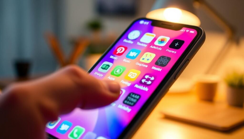 A close-up view of a smartphone screen displaying multiple app icons running in the background, with vibrant colors illuminating the screen. The foreground features a slightly blurred hand holding the phone, fingers delicately navigating through the app icons. In the middle, the screen should show a detailed layout of various active applications, like social media, music players, and navigation apps, with noticeable indicators of their activity. The background features a soft-focus of a cozy workspace, with warm lighting casting a gentle glow, creating an atmosphere of productivity. The overall mood should feel dynamic yet manageable, suggesting a sense of control over background processes. The image should be clear, with a bright lens effect, making the smartphone the focal point, emphasizing the importance of managing app activity.