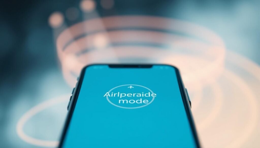 A close-up view of a smartphone screen displaying the "Airplane Mode" icon, with a subtle indication of heat, such as a soft glow around the device. In the foreground, the smartphone is positioned centrally, showcasing the high-resolution screen. In the middle background, include abstract representations of cellular signals dissipating, with soft, flowing lines fading into the atmosphere. The overall color palette should feature cool blues and whites to contrast with warm yellows and oranges suggesting heat. Soft, diffused lighting gives a modern, tech-savvy feel, while a shallow depth of field adds focus on the smartphone, blurring the background slightly. The mood should evoke a sense of calm efficiency and technological clarity.