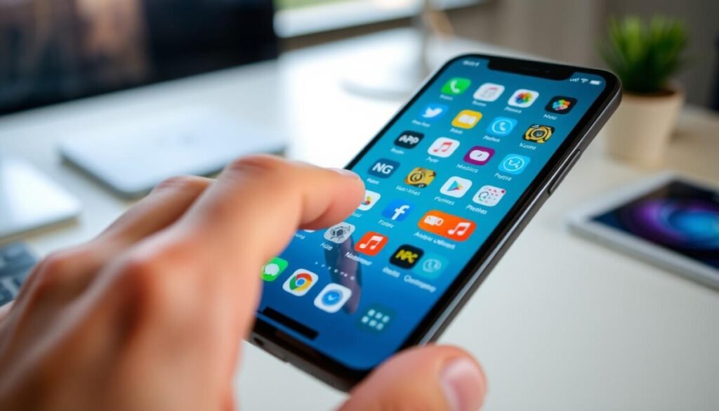 A close-up view of a smartphone screen displaying various background apps, showcasing colorful app icons like social media, utilities, and games. The foreground features a hand gently tapping the screen to highlight active processes. In the middle ground, a soft glow emanates from the screen, contrast with the slightly blurred apps in the background, creating depth. The setting is a modern workspace, with a clean desk and minimalistic design. Soft, diffused natural light filters through a nearby window, casting gentle shadows. The mood is focused and technical, conveying the importance of managing background processes to enhance device performance. The angle is slightly tilted to provide an engaging perspective on the smartphone.