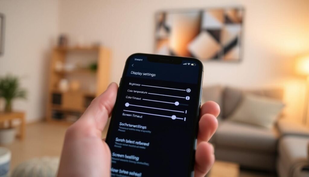 A close-up view of a smartphone screen displaying various display settings being adjusted. In the foreground, a hand is holding the phone, demonstrating a user-friendly interface with sliders for brightness, color temperature, and screen timeout. The middle ground features the screen showing vibrant icons and a soft glow from the display, emphasizing clarity and detail. In the background, a softly blurred home setting with warm ambient lighting creates a cozy atmosphere. The scene is shot at a slight angle to showcase the phone’s interface while maintaining focus on the adjustments being made. The overall mood is informative and supportive, conveying an engaging approach to technology use. A close-up view of a smartphone screen displaying various display settings being adjusted. In the foreground, a hand is holding the phone, demonstrating a user-friendly interface with sliders for brightness, color temperature, and screen timeout. The middle ground features the screen showing vibrant icons and a soft glow from the display, emphasizing clarity and detail. In the background, a softly blurred home setting with warm ambient lighting creates a cozy atmosphere. The scene is shot at a slight angle to showcase the phone’s interface while maintaining focus on the adjustments being made. The overall mood is informative and supportive, conveying an engaging approach to technology use.