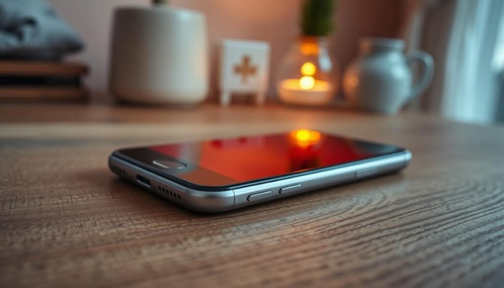 A close-up view of a smartphone showing visible signs of overheating, with slightly warped edges and a glowing screen emanating a warm, orange hue. In the foreground, the phone is placed on a textured wooden surface, highlighting the contrast between the cool background and the heated device. The middle section features the phone's sleek design, emphasizing its reflection and heat distortion effects. In the background, softly blurred household items create a cozy atmosphere, showcasing a warm, inviting light that suggests a comfortable indoor environment. The overall mood is tense yet informative, illustrating the importance of understanding and preventing phone overheating without any distraction from text or captions. The angle is slightly tilted to draw attention to the smartphone's screen and the effects of heat, inviting curiosity and concern.