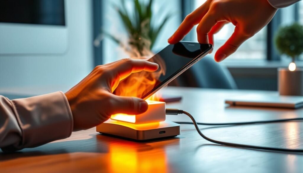 A close-up view of a smartphone sitting on a stylish charging cradle, highlighting a heat-inducing external accessory, such as a portable hotspot device, connected via a sleek USB cable. The cradle should emit a soft, warm glow to signify overheating, with a gentle mist rising in the background to illustrate the heat effect. In the foreground, a hand in a professional attire, like a button-up shirt, adjusts the smartphone. The lighting should be bright and focused on the smartphone and accessories, with softer ambient light in the background creating an inviting yet alert atmosphere. The composition emphasizes the connection between technology, heat management, and user interaction, with a modern workspace depicted as the backdrop, subtly blurred to keep the focus on the devices. A close-up view of a smartphone sitting on a stylish charging cradle, highlighting a heat-inducing external accessory, such as a portable hotspot device, connected via a sleek USB cable. The cradle should emit a soft, warm glow to signify overheating, with a gentle mist rising in the background to illustrate the heat effect. In the foreground, a hand in a professional attire, like a button-up shirt, adjusts the smartphone. The lighting should be bright and focused on the smartphone and accessories, with softer ambient light in the background creating an inviting yet alert atmosphere. The composition emphasizes the connection between technology, heat management, and user interaction, with a modern workspace depicted as the backdrop, subtly blurred to keep the focus on the devices.