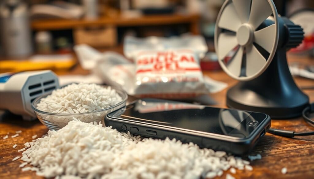 A close-up view of a smartphone surrounded by various popular DIY drying tools, such as a bowl of uncooked rice, a bag of silica gel packets, and a small handheld fan. The phone, slightly open with its battery exposed, shows signs of moisture, indicating it was recently wet. The foreground features the DIY methods in clear focus, emphasizing the rice and silica gel as they sit around the phone. The middle ground displays a soft-focus workshop environment with warm ambient lighting, suggesting a cozy home setting. The background subtly hints at a cluttered table with related items, enhancing the DIY atmosphere. The mood should be informative yet cautious, conveying a sense of urgency about the ineffectiveness of these methods. Use a shallow depth of field to keep attention on the phone and drying materials. A close-up view of a smartphone surrounded by various popular DIY drying tools, such as a bowl of uncooked rice, a bag of silica gel packets, and a small handheld fan. The phone, slightly open with its battery exposed, shows signs of moisture, indicating it was recently wet. The foreground features the DIY methods in clear focus, emphasizing the rice and silica gel as they sit around the phone. The middle ground displays a soft-focus workshop environment with warm ambient lighting, suggesting a cozy home setting. The background subtly hints at a cluttered table with related items, enhancing the DIY atmosphere. The mood should be informative yet cautious, conveying a sense of urgency about the ineffectiveness of these methods. Use a shallow depth of field to keep attention on the phone and drying materials.