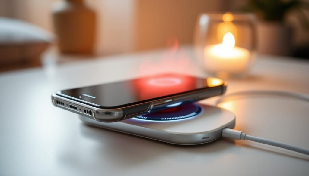 A close-up view of a smartphone with a transparent case, glowing faintly from heat accumulation while charging on a sleek, modern charging pad. The foreground features detailed textures of the phone's screen, with vibrant battery icons indicating charging status, while the case slightly distorts the light, highlighting its insulating properties. In the middle, a subtle heat haze emanates from the device, visually representing warmth. The background is softly blurred, suggesting a cozy, minimalist workspace with warm ambient lighting, emphasizing the feeling of energy efficiency and modern technology. The overall mood is dynamic yet informative, capturing the essence of thermal dynamics between materials and battery performance. A close-up view of a smartphone with a transparent case, glowing faintly from heat accumulation while charging on a sleek, modern charging pad. The foreground features detailed textures of the phone's screen, with vibrant battery icons indicating charging status, while the case slightly distorts the light, highlighting its insulating properties. In the middle, a subtle heat haze emanates from the device, visually representing warmth. The background is softly blurred, suggesting a cozy, minimalist workspace with warm ambient lighting, emphasizing the feeling of energy efficiency and modern technology. The overall mood is dynamic yet informative, capturing the essence of thermal dynamics between materials and battery performance.