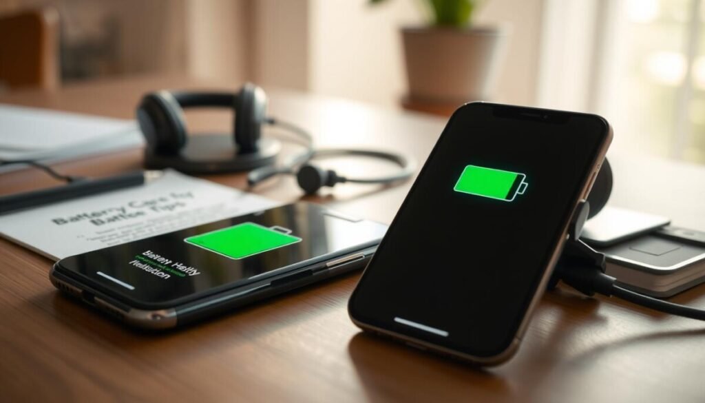 A close-up view of a smartphone with an illuminated battery health indicator, showcasing a healthy battery status in green. In the foreground, the phone's screen is displaying a digital battery icon and numerical percentage reflecting optimal health. The middle ground features a well-organized workspace with essential accessories like a wireless charger, headphones, and a notepad with battery care tips. In the background, soft natural light filters through a window, casting a warm, inviting glow over the scene. The mood is focused and informative, ideal for highlighting practical tips on enhancing battery lifespan. The lens is set at a slight angle, emphasizing the smartphone while keeping the accessories subtly in focus, creating a professional yet relatable atmosphere. A close-up view of a smartphone with an illuminated battery health indicator, showcasing a healthy battery status in green. In the foreground, the phone's screen is displaying a digital battery icon and numerical percentage reflecting optimal health. The middle ground features a well-organized workspace with essential accessories like a wireless charger, headphones, and a notepad with battery care tips. In the background, soft natural light filters through a window, casting a warm, inviting glow over the scene. The mood is focused and informative, ideal for highlighting practical tips on enhancing battery lifespan. The lens is set at a slight angle, emphasizing the smartphone while keeping the accessories subtly in focus, creating a professional yet relatable atmosphere.